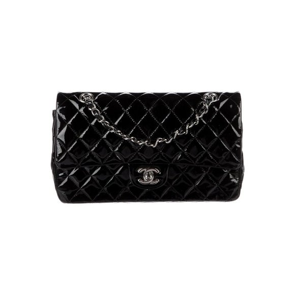 Chanel Black Quilted Patent Leather Chain Link Medium Double Designer Handbag - Picture 11 of 14